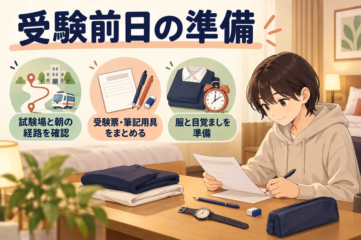 受験前日の準備。試験場と朝の経路を確認し、受験票と筆記用具をまとめ、服と目覚ましを準備する受験生。