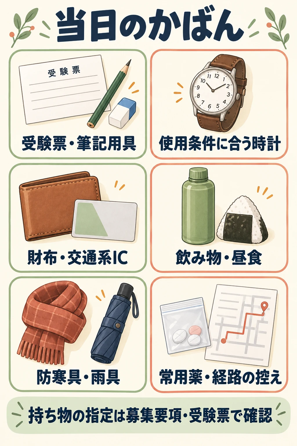 当日のかばんに入れる物。受験票・筆記用具、使用条件に合う時計、財布・交通系IC、飲み物・昼食、防寒具・雨具、常用薬・経路の控え。指定は募集要項と受験票で確認。