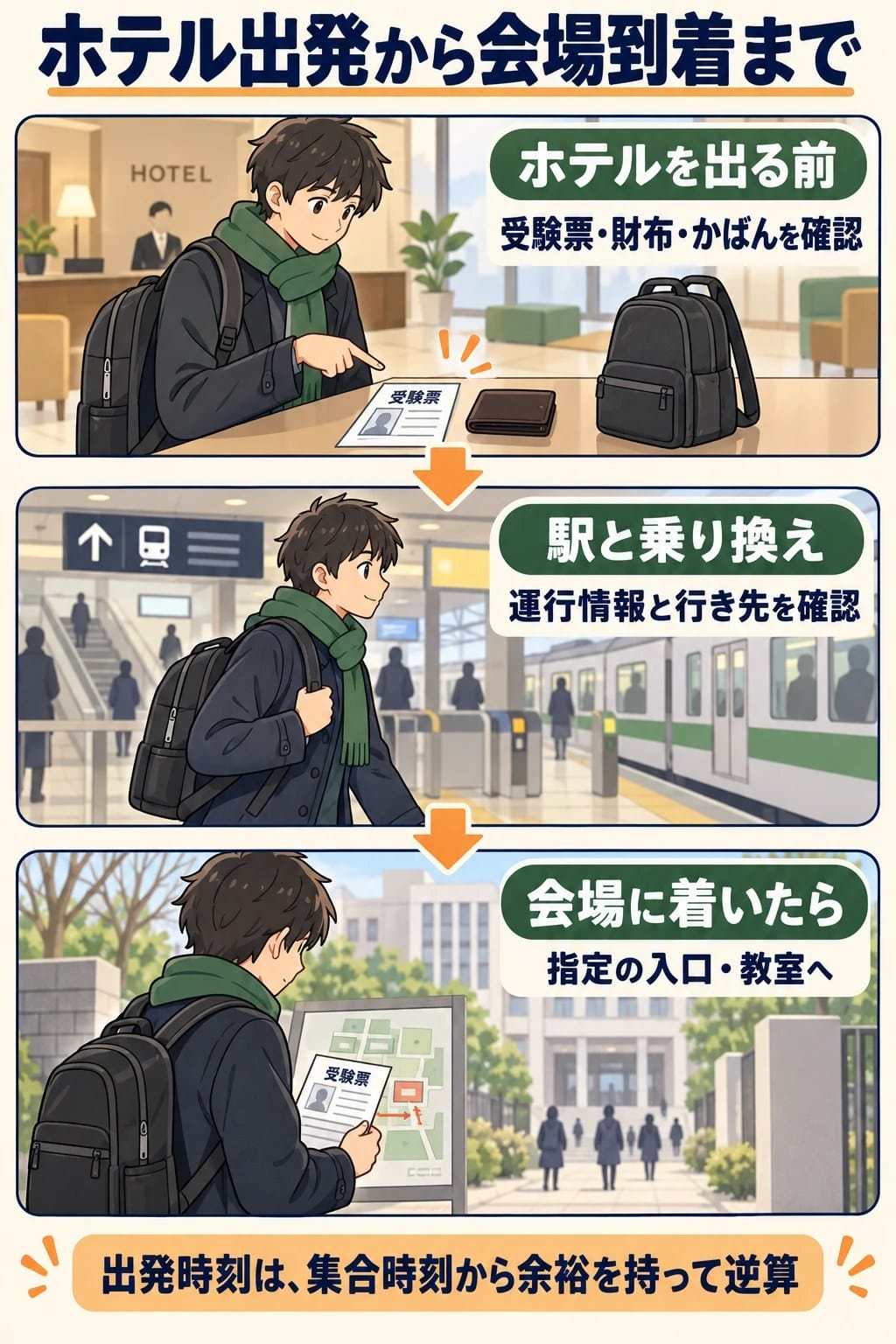 ホテル出発から会場到着まで。受験票・財布・かばん、駅の運行情報と行き先、会場の指定入口と教室を順に確認する。出発時刻は集合時刻から余裕を持って逆算。